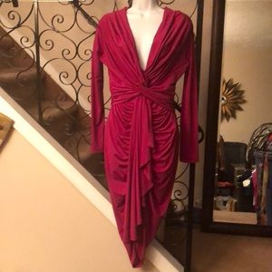 Sexy pink dress deep plunge/ gathered front/ size L